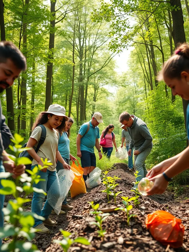A photograph of community members participating in a clean-up event in a local forest, highlighting the association's community outreach efforts.