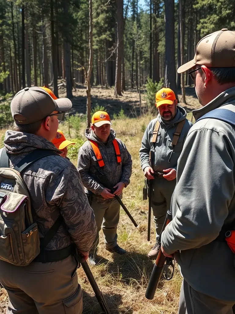 A photograph of a group of hunters participating in a training session on responsible hunting practices, emphasizing the association's educational programs.