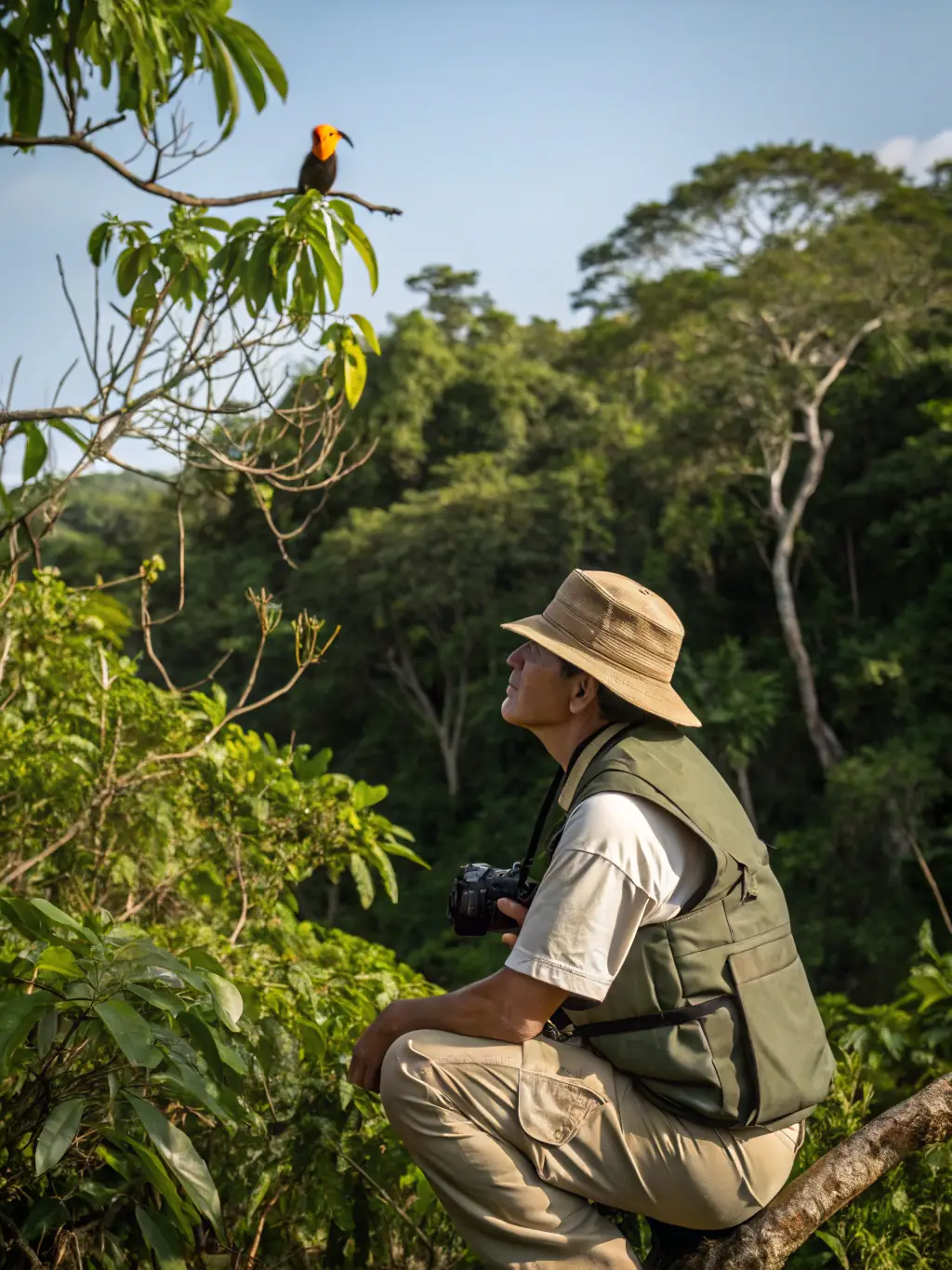 A photograph of a wildlife biologist monitoring animal populations in a forest, showcasing the association's wildlife monitoring activities.