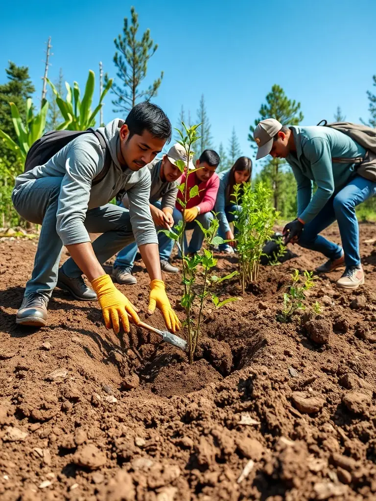 A photograph of volunteers planting trees in a deforested area, illustrating the association's habitat restoration efforts.