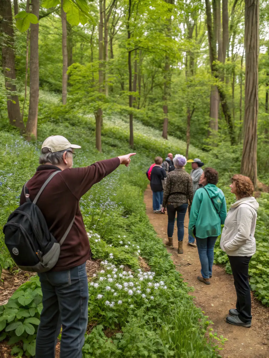 A photograph of community members participating in a guided nature walk, showcasing the association's community outreach efforts.