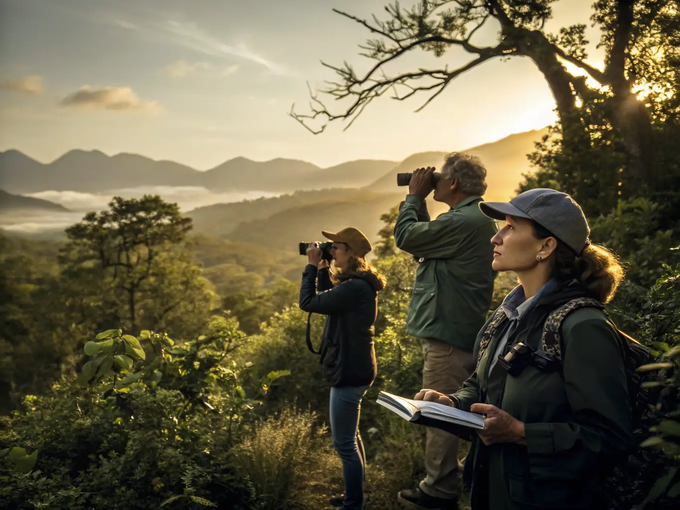 A lush forest scene with conservationists monitoring wildlife populations using binoculars and tracking equipment.