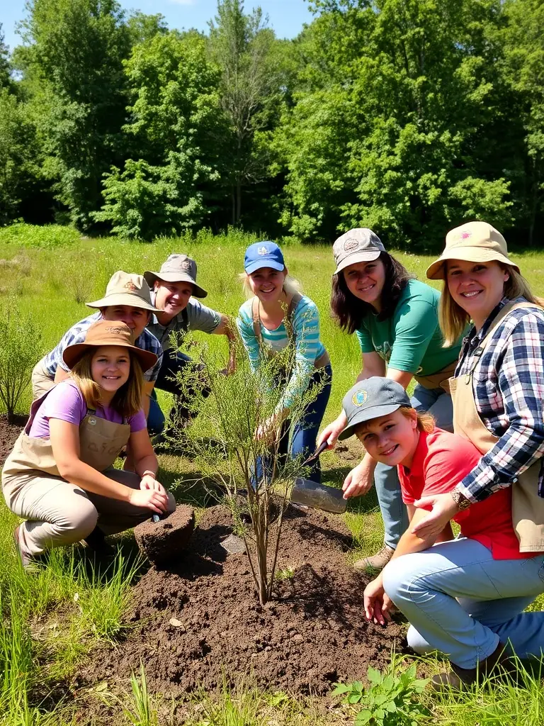 A photo of community members participating in a clean-up event in a local forest, highlighting the association's community outreach efforts.