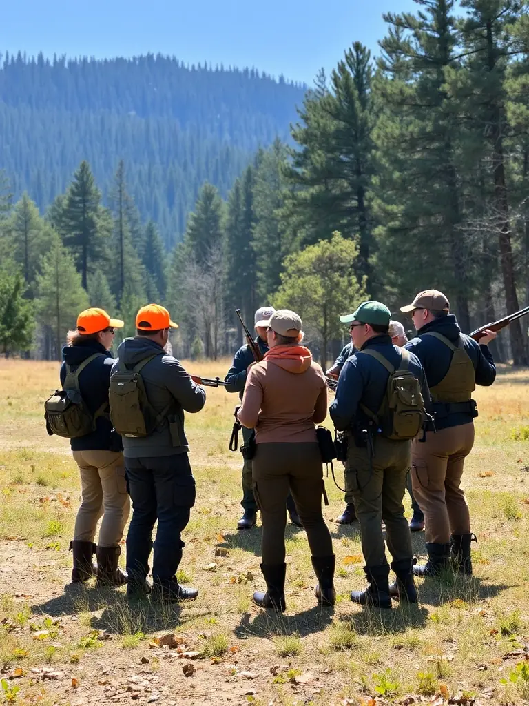 A photograph of a group of hunters participating in a training session on responsible hunting practices, emphasizing the association's educational initiatives.