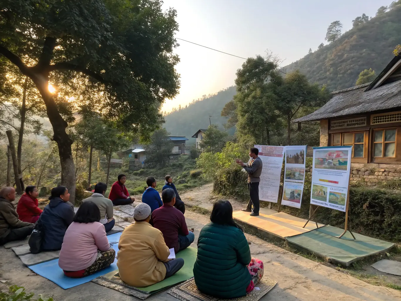 A heartwarming image of association members conducting an educational workshop for local children, teaching them about wildlife conservation and responsible hunting.