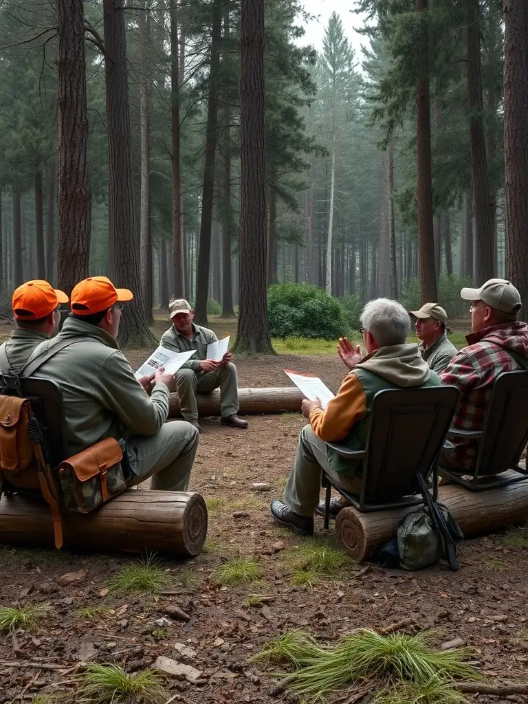 A group of hunters attending a workshop on responsible hunting practices, emphasizing the association's commitment to education.