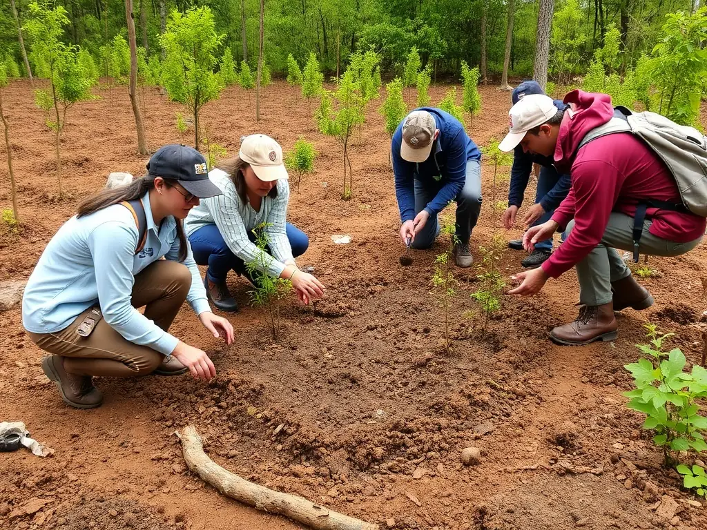A vibrant image showing volunteers planting native trees as part of a habitat restoration project, with a focus on community involvement and environmental stewardship.