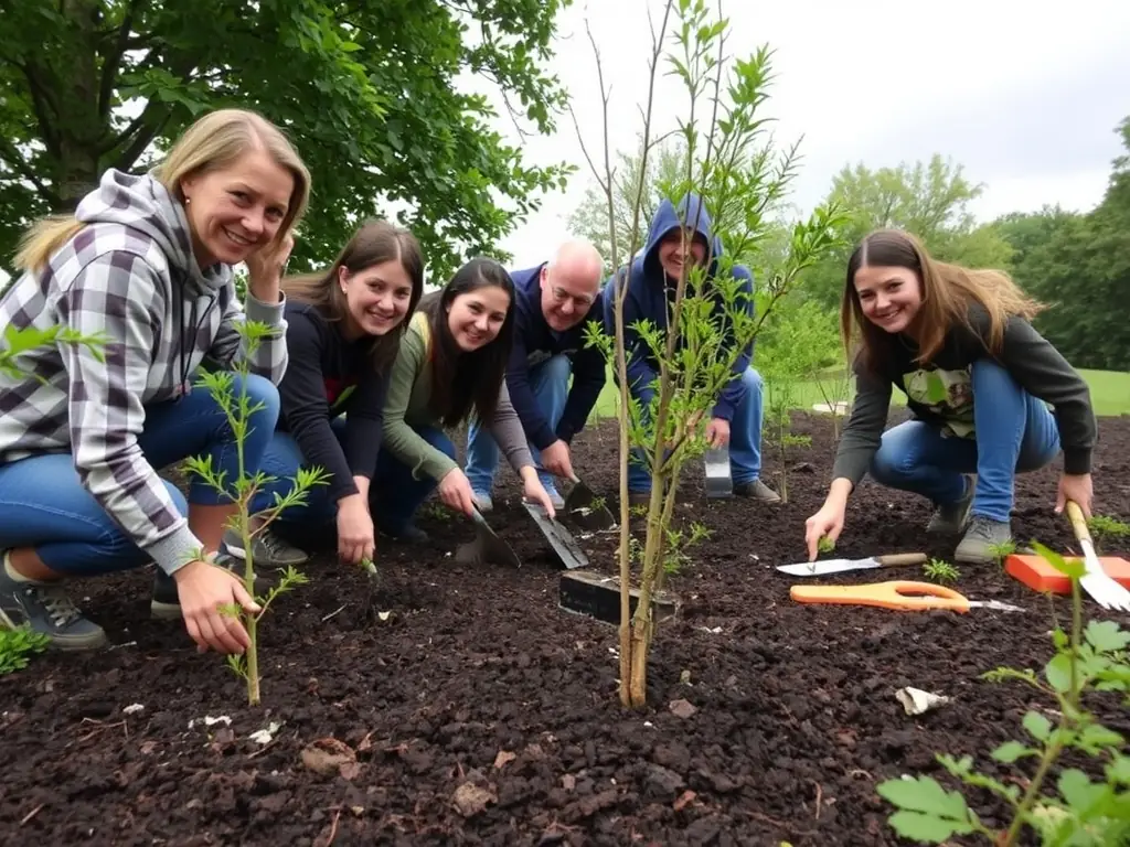 Volunteers planting native trees in a restored wetland area with native wildlife visible.
